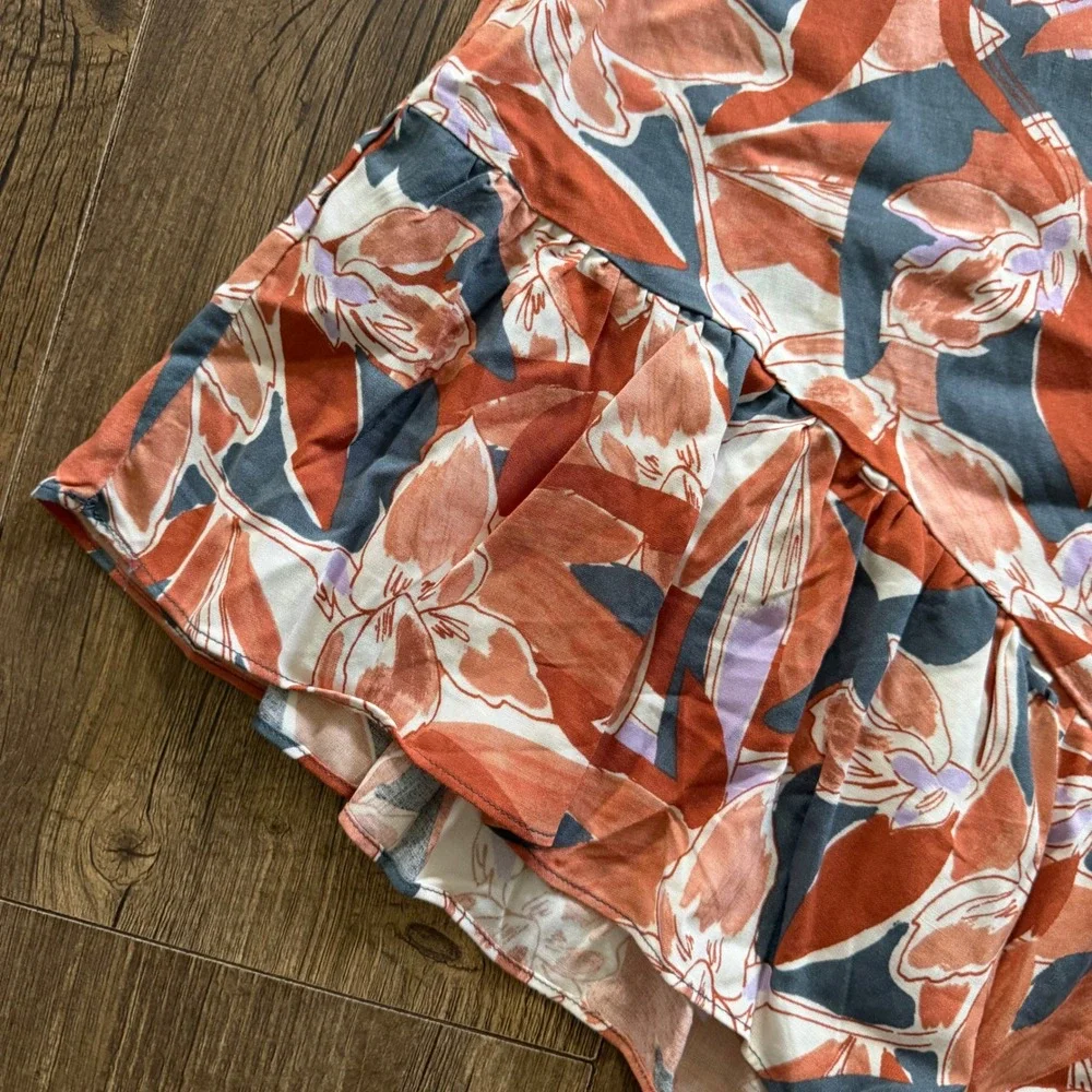 Nine West Asymmetrical Midi Skirt Womens Medium Terracotta Floral Ruffle Hem NEW